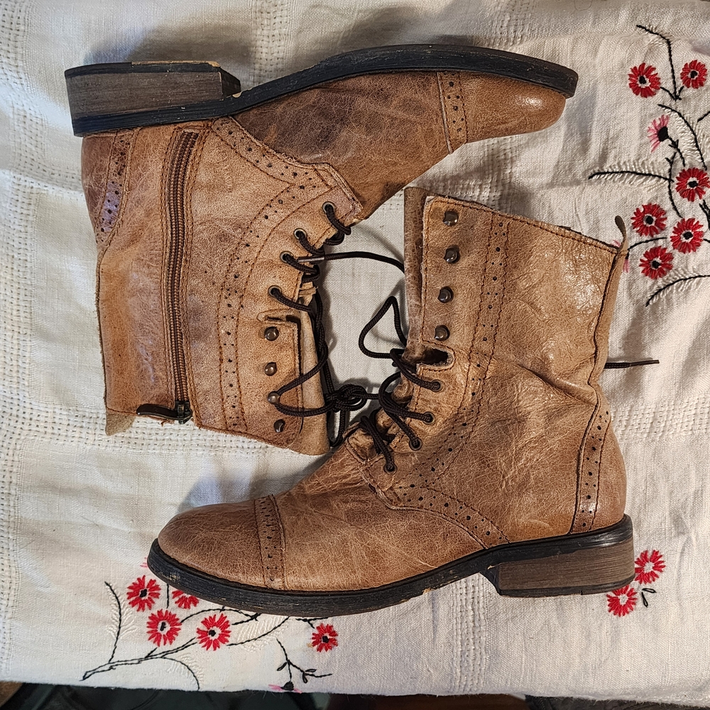 Two Lips Tan Leather Combat Boots